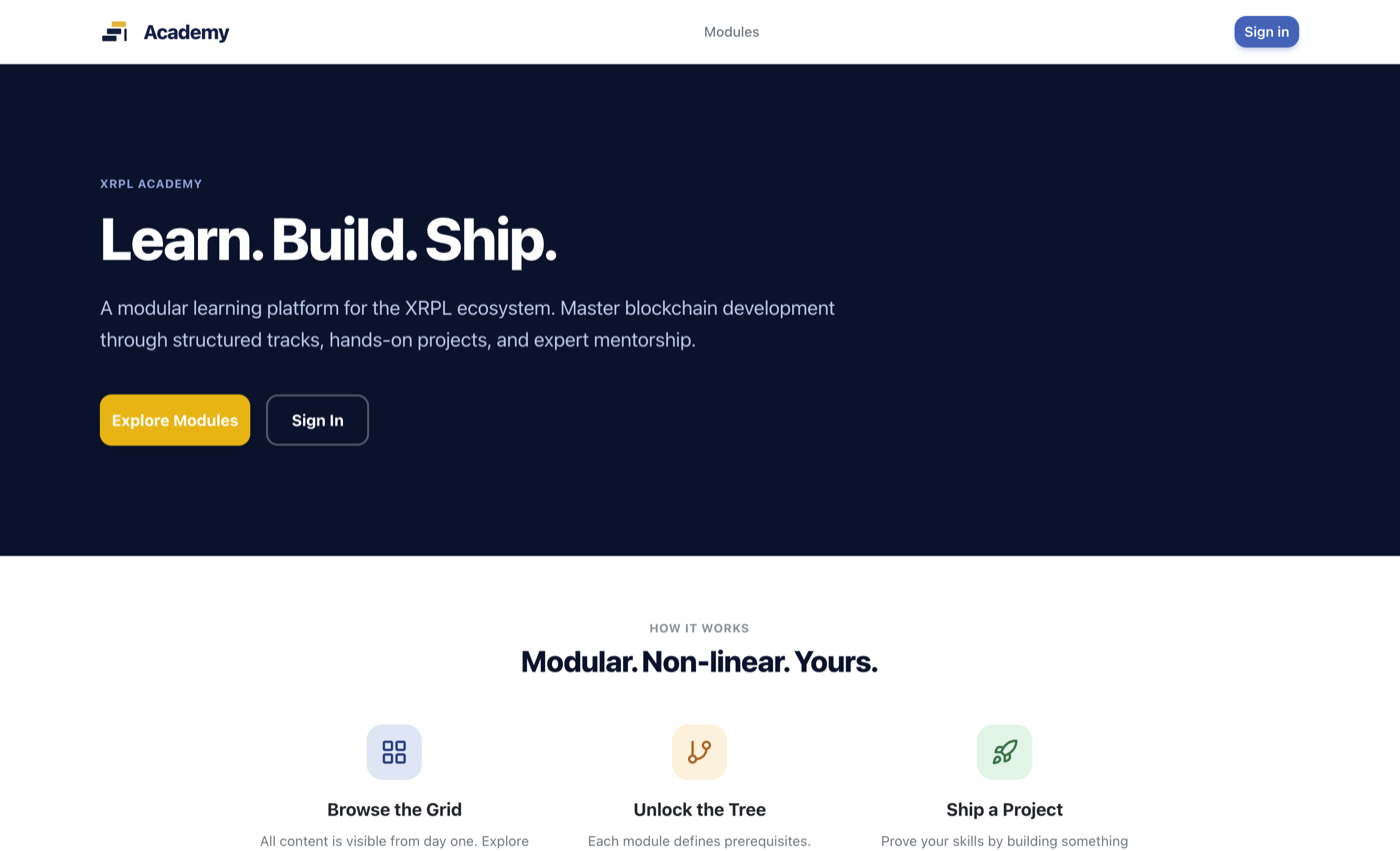 XRPL Academy landing page — 'Learn. Build. Ship.' modular learning platform