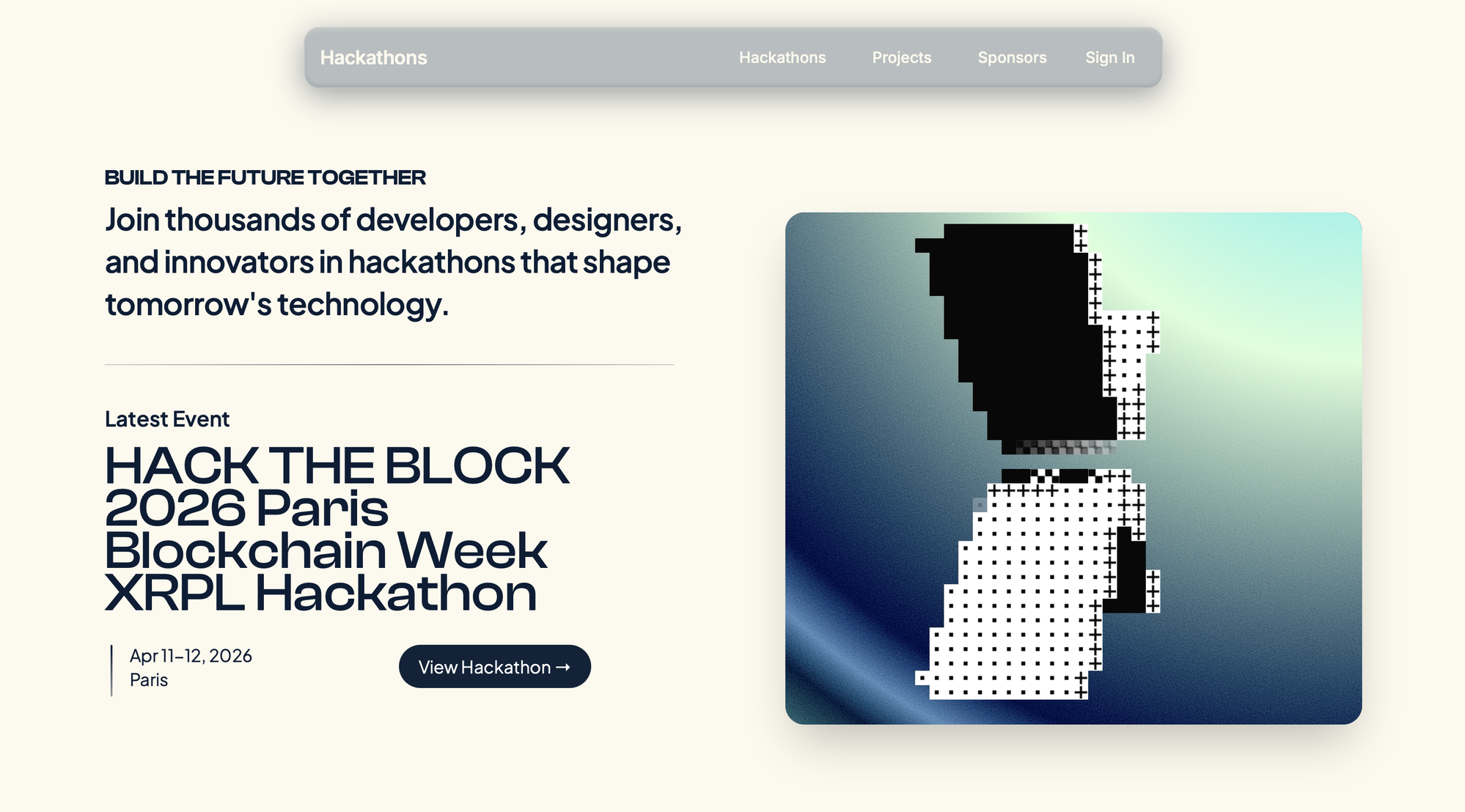 Hackathon app landing page — Hack the Block 2026 Paris Blockchain Week XRPL Hackathon
