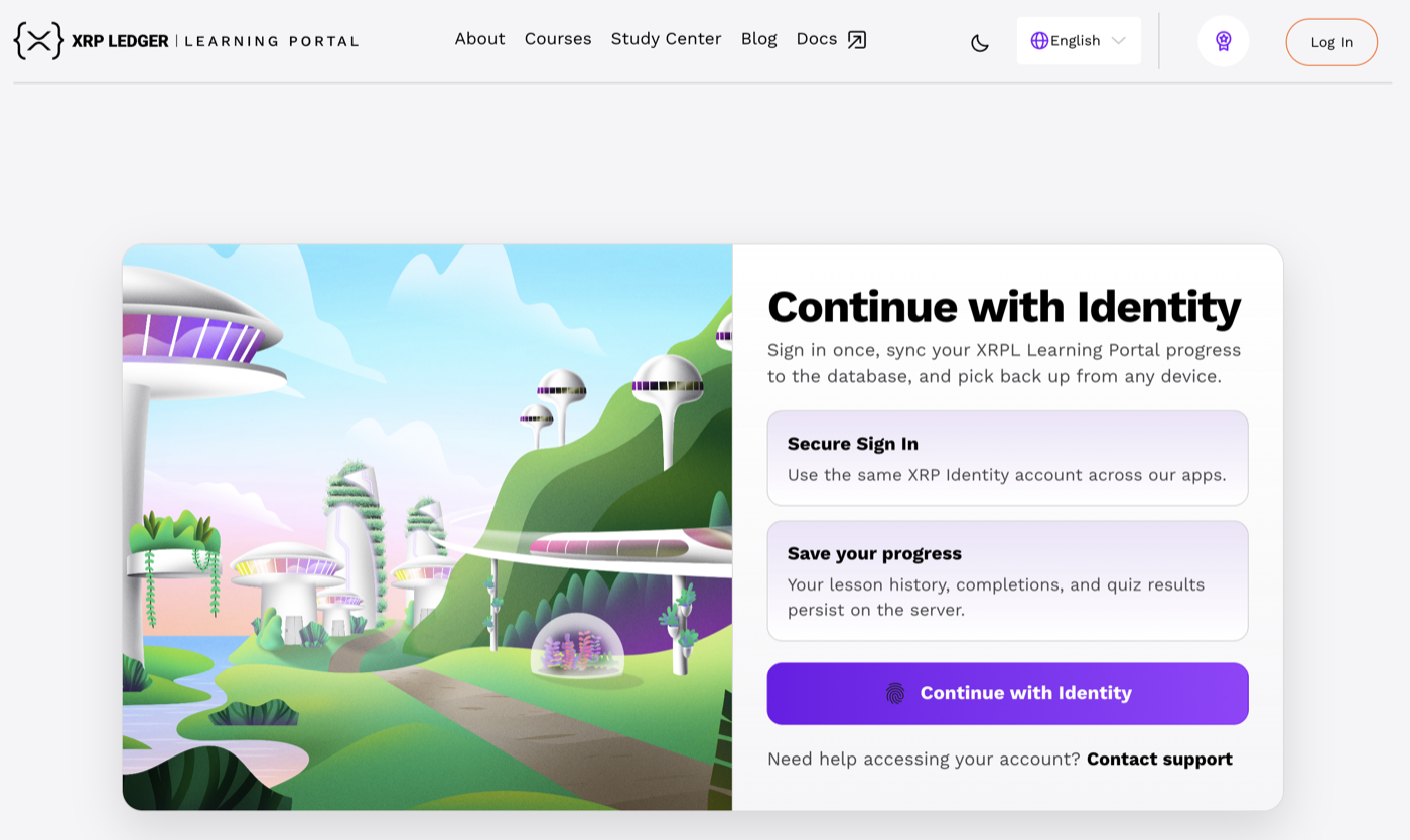 XRPL Learning Portal — Continue with Identity sign-in screen