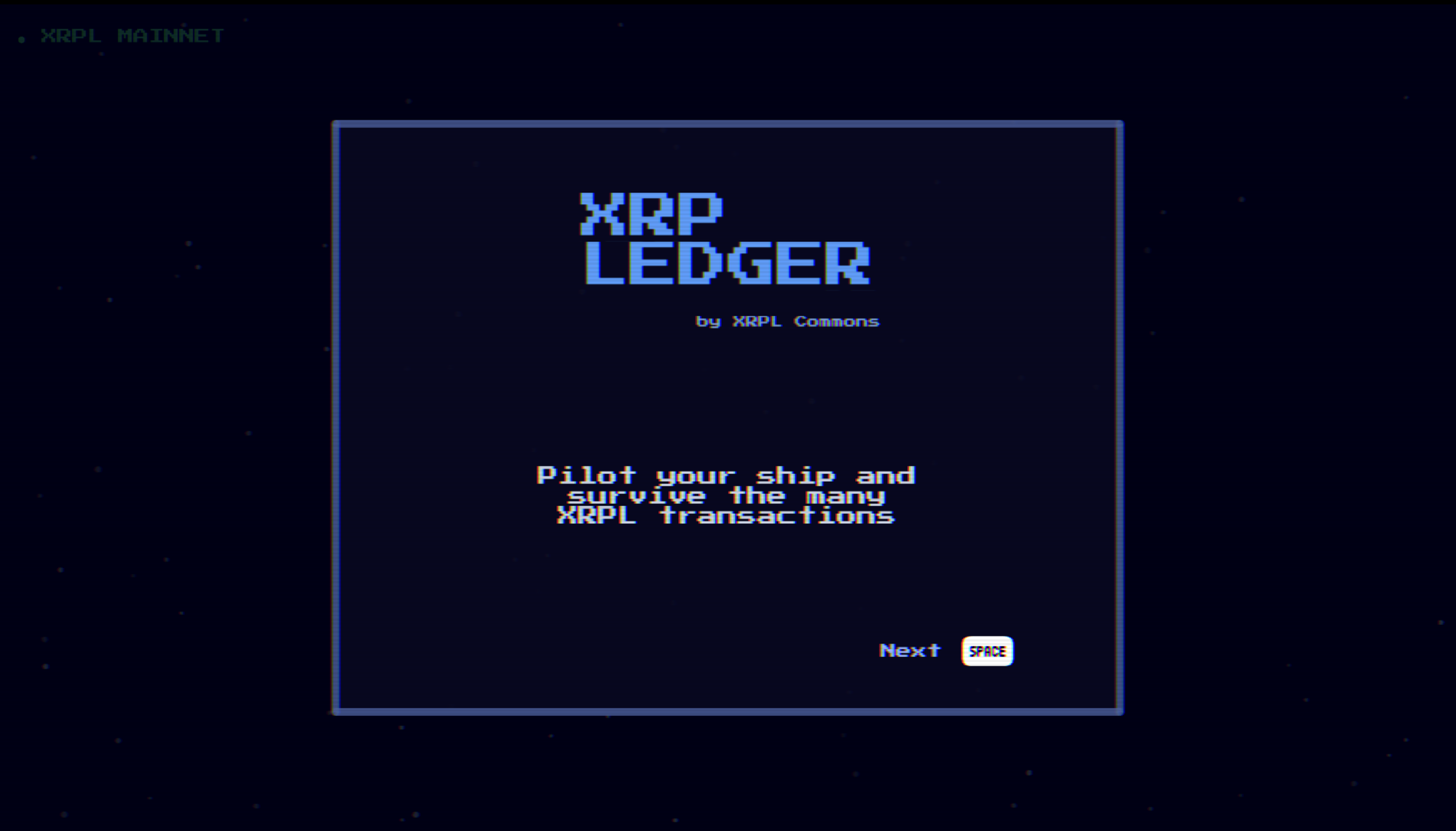 XRP Ledger arcade game intro screen, by XRPL Commons — Pilot your ship and survive the many XRPL transactions