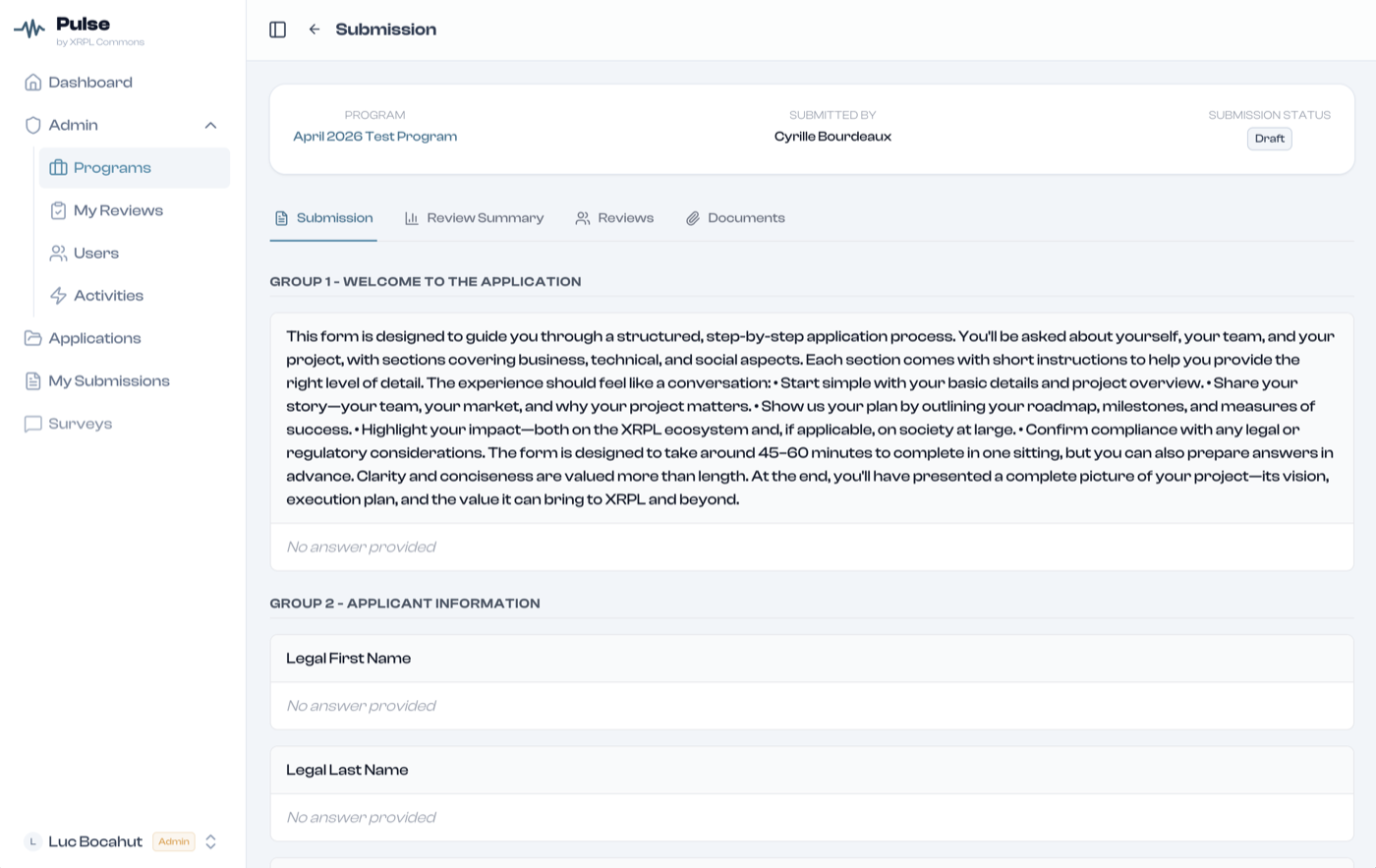 Pulse submission view — application form for the April 2026 Test Program