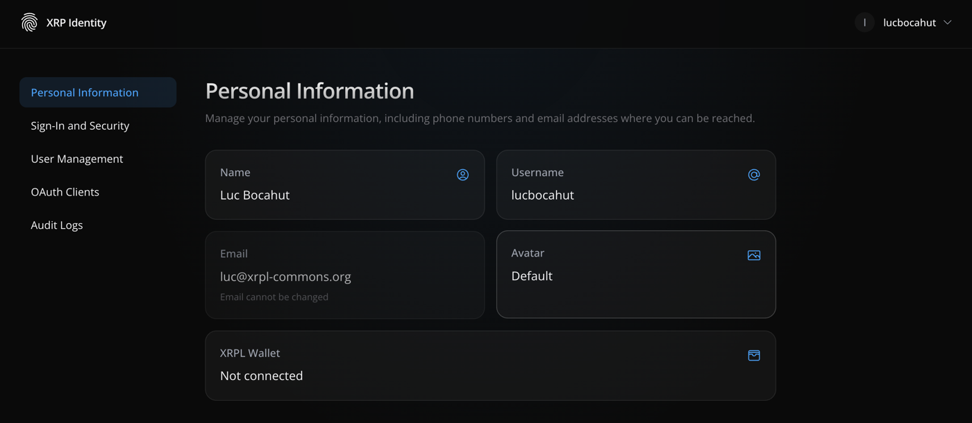 XRP Identity account portal — Personal Information page